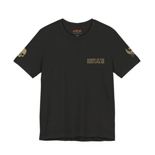 Burnin' Up The Roads Motorcycle Engine Tee | Skull Moto Shirt