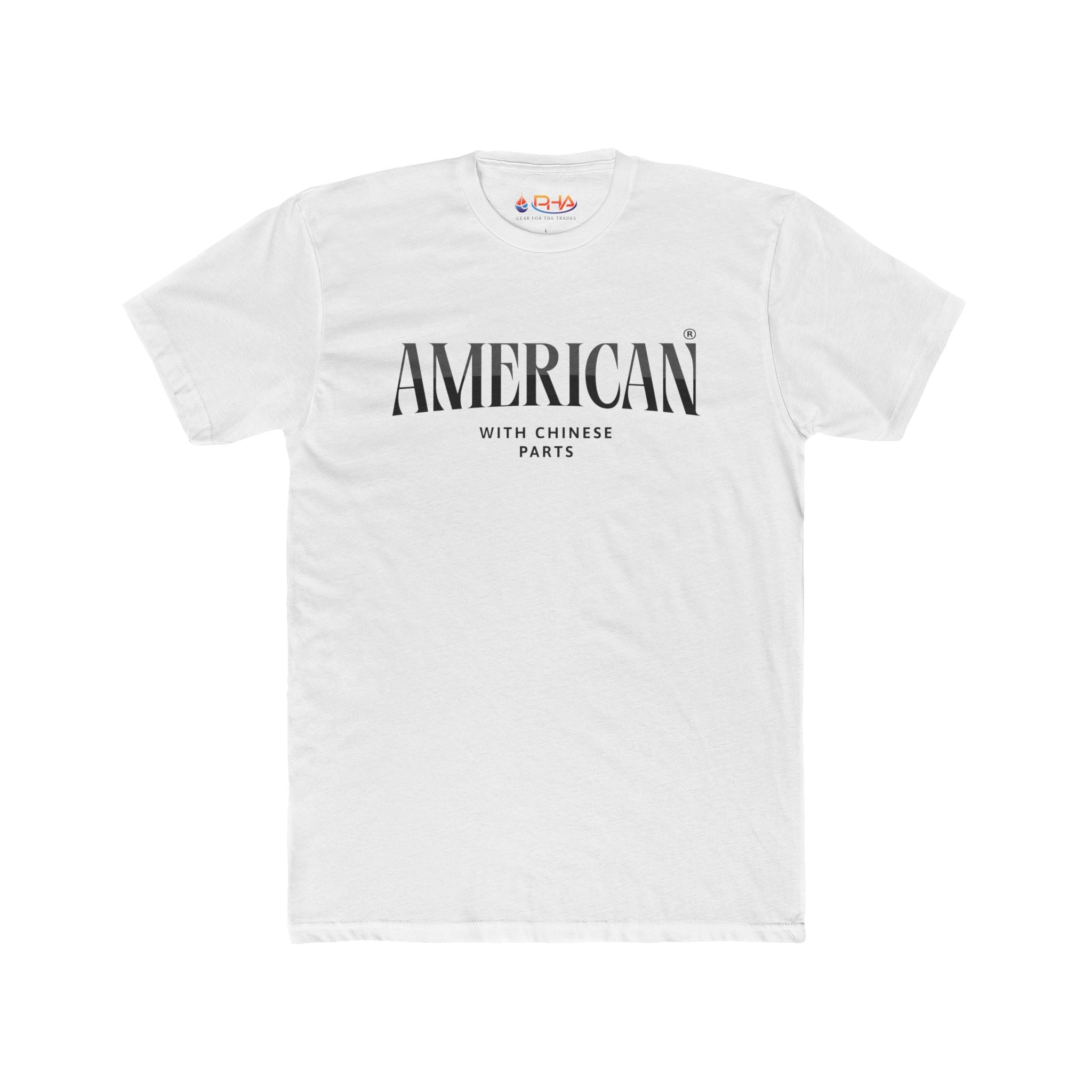 American with Chinese Parts Graphic Tee | Distressed Flag Text Back Workwear T-shirt