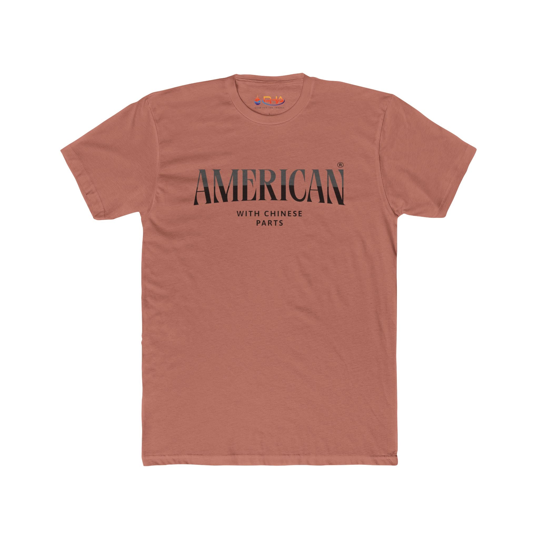 American with Chinese Parts Graphic Tee | Distressed Flag Text Back Workwear T-shirt