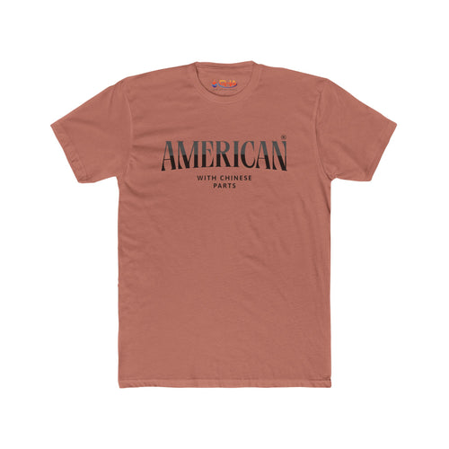 American with Chinese Parts Graphic Tee | Distressed Flag Text Back Workwear T-shirt
