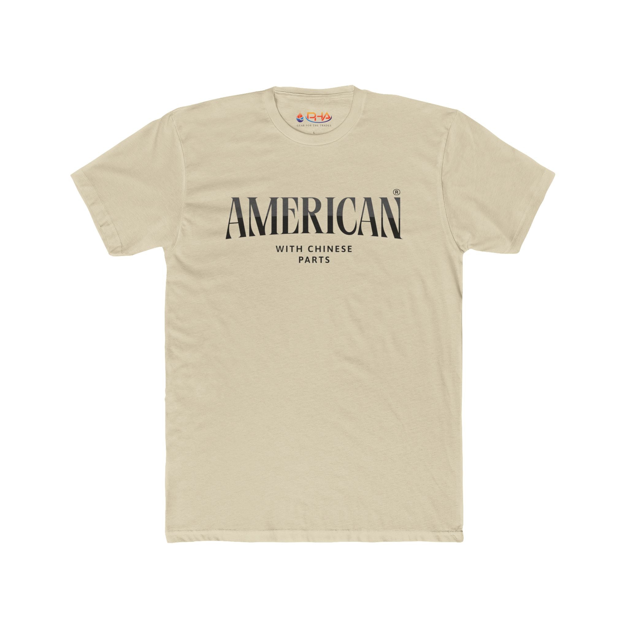 American with Chinese Parts Graphic Tee | Distressed Flag Text Back Workwear T-shirt