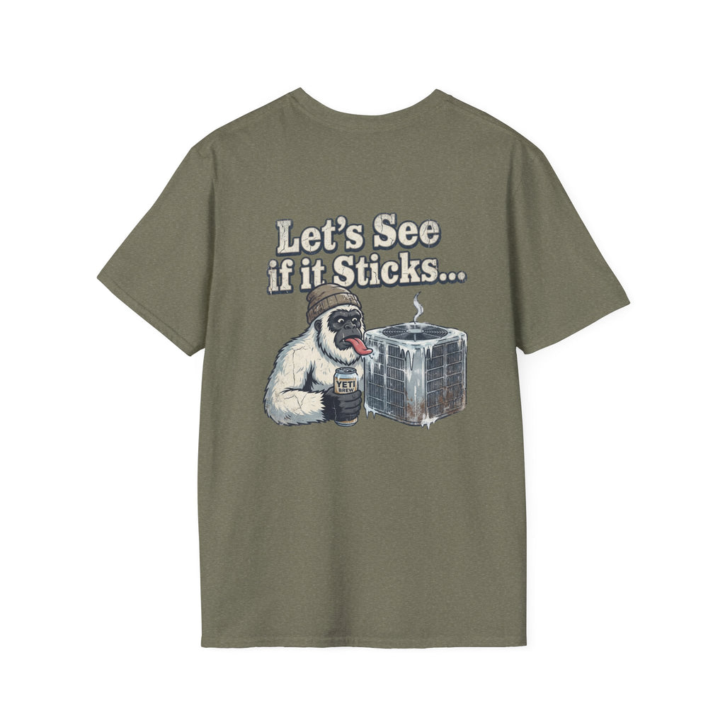 Let's See If It Sticks T-Shirt | Yeti with Ice Block, Funny Outdoors Shirt
