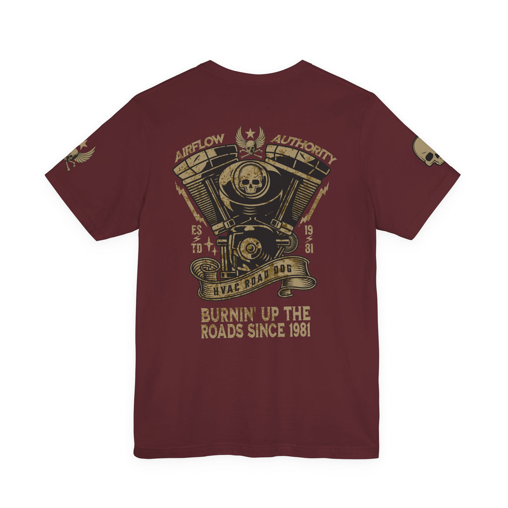 Burnin' Up The Roads Motorcycle Engine Tee | Skull Moto Shirt