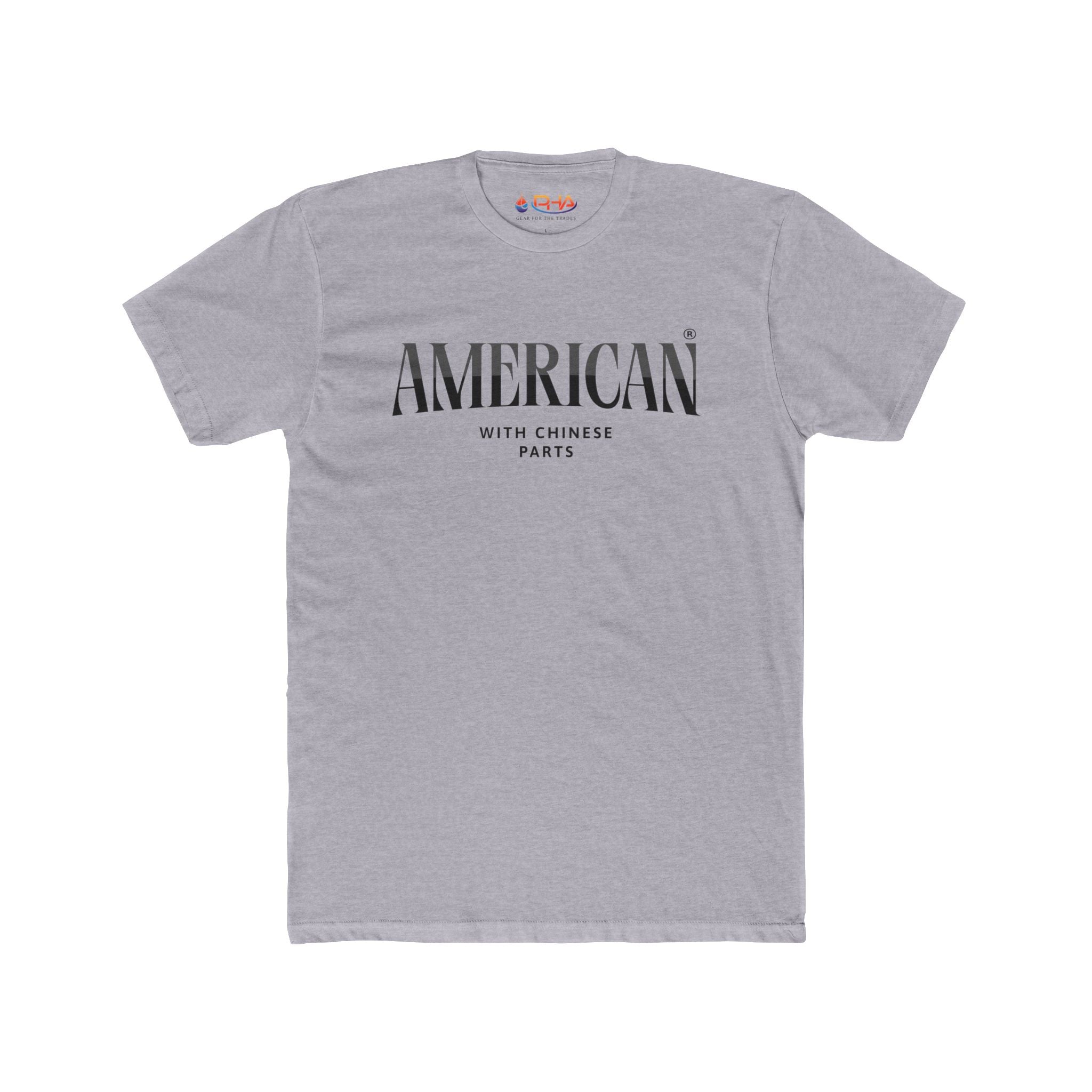 American with Chinese Parts Graphic Tee | Distressed Flag Text Back Workwear T-shirt